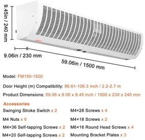 VEVOR 1.5m Commercial Indoor Air Curtain Super Power 2 Speeds 3566m³/h, UL Certified Wall Mounted Air Curtains for Doors, Indoor Over Door Fan with Heavy Duty Limit Switch, Easy-Install Unheated