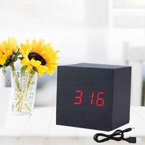 Ξύλινο Επιτραπέζιο Ψηφιακό Ρολόι, Ξυπνητήρι, Θερμόμετρο με οθόνη LED - Μαύρο