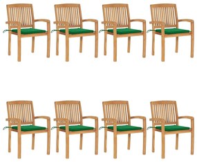 Καρέκλες Κήπου Στοιβαζόμενες 8 τεμ. Μασίφ Ξύλο Teak &amp; Μαξιλάρια - Πράσινο