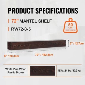 VEVOR Fireplace Mantel Wood Shelf Floating Rustic Fireplace Mantel 72&quot; Brown