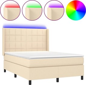 vidaXL Κρεβάτι Boxspring με Στρώμα &amp; LED Κρεμ 140x190 εκ. Υφασμάτινο