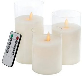 Κεριά λευκό γυαλί-κερί-φλόγα Led  ΣΕΤ/3 με τηλεχειριστήριο 7.6 X 7.6 X 15.2cm