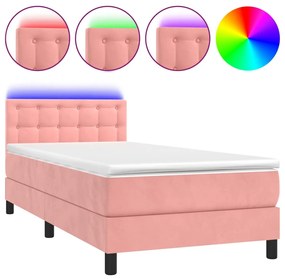 Κρεβάτι Boxspring με Στρώμα &amp; LED Ροζ 100x200 εκ. Βελούδινο - Ροζ