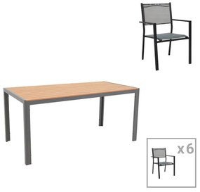 Dining table Nares-Moly B set of 7 anthracite-black aluminum and plywood in natural color 140x80x72.5cm 180x90x72.5 εκ.