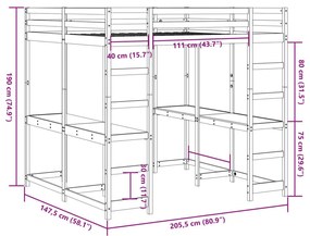 Κρεβάτι Υπερυψωμένο Γραφείο/Σκάλα 140x200 εκ. Μασίφ Ξύλο Πεύκου - Καφέ