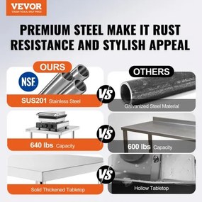 VEVOR Stainless Steel Work Prep Table Commercial Worktable Food Prep 24x18x34in