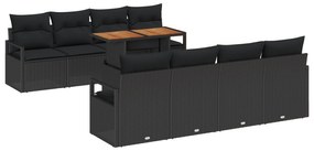 vidaXL Σετ 9 Τεμαχίων Καναπέ Κήπου με Μαξιλάρια Μαύρο Πολυ Ρατάν