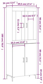 Ντουλάπι Γυαλιστερό Λευκό 69,5x34x180 εκ. Επεξεργασμένο Ξύλο - Λευκό