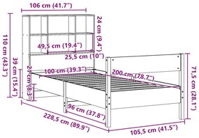 Κρεβάτι Βιβλιοθήκη Χωρίς Στρώμα 100x200 εκ Μασίφ Ξύλο Πεύκου - Καφέ