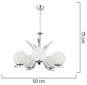 Φωτιστικό Κρεμαστό LACERTA Πεντάφωτο Ασημί/Λευκό Μέταλλο/Γυαλί 50x75cm