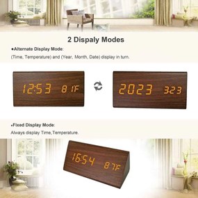 Ξύλινο Τριγωνικό Ψηφιακό Ρολόι με οθόνη LED, Ξυπνητήρι, Θερμόμετρο - Καφέ