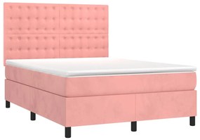 vidaXL Κρεβάτι Boxspring με Στρώμα &amp; LED Ροζ 140x190 εκ. Βελούδινο