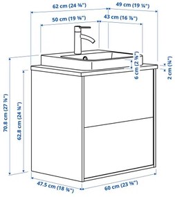 ANGSJON/BACKSJON βάση νιπτήρα με συρτάρια/νιπτήρα/μπαταρία/γυαλιστερό, 62x49x71 cm 495.214.71