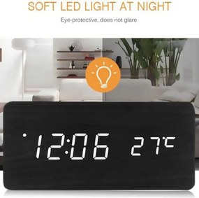 Επιτραπέζιο Ξύλινο Ψηφιακό Ρολόι με οθόνη LED, Ξυπνητήρι, Θερμόμετρο - Μαύρο