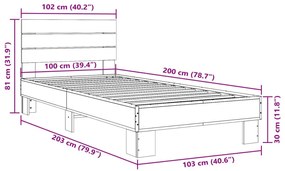 Πλαίσιο Κρεβατιού Μαύρο 100x200 εκ. Επεξ. Ξύλο &amp; Μέταλλο - Μαύρο