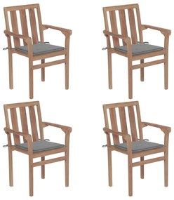 3073380 vidaXL Καρέκλες Κήπου Στοιβαζόμενες 4 τεμ. Μασίφ Ξύλο Teak &amp; Μαξιλάρια Γκρι, 1 Τεμάχιο