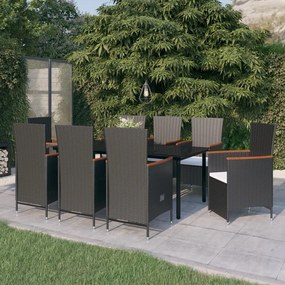 vidaXL Σετ Τραπεζαρίας Κήπου 9 τεμ Μαύρο με Μαξιλάρια