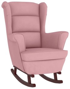 vidaXL Κουνιστή Πολυθρόνα με Ξύλινα Πόδια Ροζ Βελούδινη με Σκαμπό