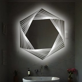 Stewehome Εξαγωνικός Καθρέπτης Μπάνιου με LED &amp;amp; Σχέδιο Λέιζερ 70x80x80 cm