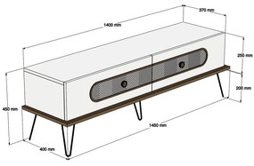 Έπιπλο Τηλεόρασης Μελαμίνης Φυσικό Oak Χρώμα Μεταλλικά Πόδια 145x40x45Yεκ.
