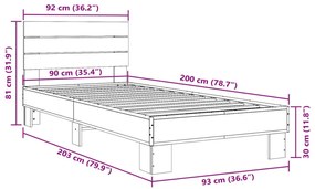 Πλαίσιο Κρεβατιού Καπνιστή Δρυς 90x200 εκ. Επεξ. Ξύλο &amp; Μέταλλο - Καφέ