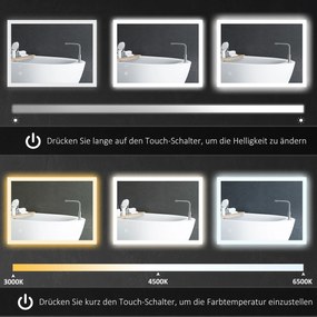 kleankin Καθρέφτης Μπάνιου LED, Οπίσθιος Φωτισμός, Λειτουργία Αφής, Λειτουργία Μνήμης, Χωρίς Ομίχλη, 80 x 60 cm