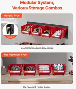 VEVOR Wall Mounted Storage Bins, 12 Plastic Bins &amp; 3 Metal Rails, Plastic Hanging Stackable Storage Bin for Screws, Nuts, Bolts, Nails, Hardware Tool Organizer for Workshop, Craft Room, Garage, Red