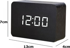 Ξύλινο Επιτραπέζιο Ψηφιακό Ρολόι με οθόνη LED, Ξυπνητήρι, Θερμόμετρο - Μαύρο