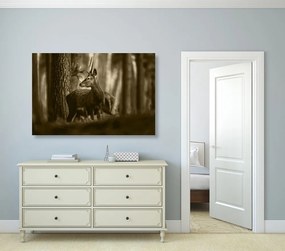 Εικόνα ενός ελαφιού σε ένα πευκοδάσος στη σέπια - 90x60