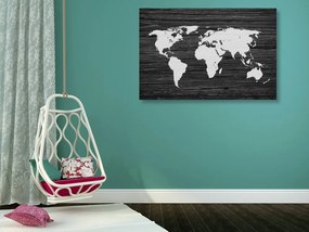 Εικόνα στον παγκόσμιο χάρτη φελλού σε ξύλο σε ασπρόμαυρο σχέδιο - 90x60