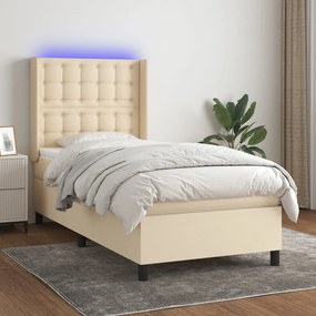 Κρεβάτι Boxspring με Στρώμα &amp; LED Κρεμ 90x190 εκ. Υφασμάτινο