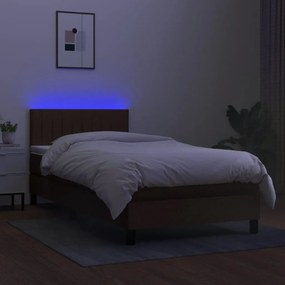 vidaXL Κρεβάτι Boxspring με Στρώμα &amp; LED Σκ.Καφέ 90x200 εκ. Υφασμάτινο