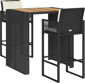 vidaXL Σετ Επίπλων Μπαρ Κήπου 3 τεμ. Μαύρο Συνθ Ρατάν Μαξιλάρια Ακακία