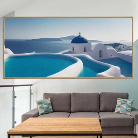 Πίνακας σε Plexiglass με Θέμα &#8220;Σαντορίνη με πανοραμικό φόντο&#8221; σε ξύλινη Κορνίζα - 80cmx50cm