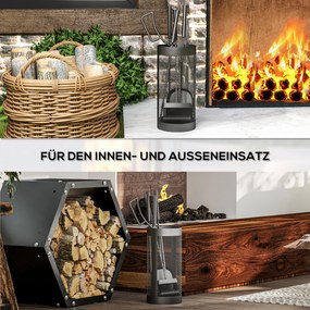 Σετ εργαλείων τζακιού, 5 τεμαχίων, σκούπα, φτυάρι, τανάλια, σκούπα και καλάθι, πυρίμαχο μέταλλο, Μαύρο