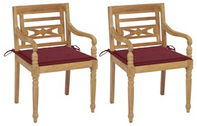 Καρέκλες Batavia 2 τεμ. από Μασίφ Ξύλο Teak &amp; Μπορντό Μαξιλάρια
