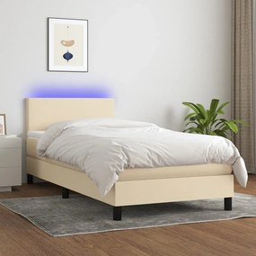 Κρεβάτι Boxspring με Στρώμα &amp; LED Κρεμ 90x190 εκ. Υφασμάτινο - Κρεμ