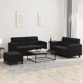 vidaXL Σετ Σαλονιού 3 Τεμαχίων Μαύρο από Ύφασμα Μικροϊνών με Μαξιλάρια