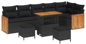 vidaXL Σετ 9 Τεμαχίων Καναπέ Κήπου με Μαξιλάρια Μαύρο Πολυ Ρατάν Ακακία