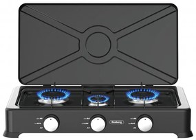 Τριπλή εστία αερίου με καπάκι Rosberg R51454E3, 3x2.2 kWh, 30 mbar, Ανθρακούχος χάλυβας, Μαύρο