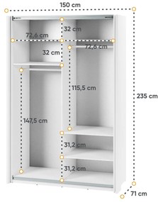 Ντουλάπα Fresno 134, Άσπρο, 235x150x71cm, 170 kg, Πόρτες ντουλάπας: Ολίσθηση | Epipla1.gr