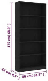 Βιβλιοθήκη με 5 Ράφια Μαύρη 80 x 24 x 175 εκ. από Επεξ. Ξύλο - Μαύρο