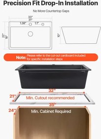 VEVOR 84 cm Granite Kitchen Sink Top Mount Single Bowl Drop-In Basin for RV Bar