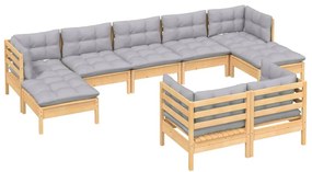 vidaXL Σαλόνι Κήπου Σετ 9 Τεμαχίων Μασίφ Ξύλο Πεύκου με Γκρι Μαξιλάρια