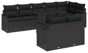 vidaXL Σετ καναπέ κήπου 9 τεμαχίων με μαξιλάρια μαύρο πολυ ρατάν