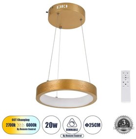 Κρεμαστό Φωτιστικό Οροφής Δαχτυλίδι LED 20W 2356lm NEMESIS Χρυσό Globostar-61154-Χρυσό 61154