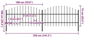 vidaXL Κάγκελα Περίφραξης με Λόγχες Μαύρα (0,75-1) x 3,4 μ. Ατσάλινα