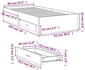 Πλαίσιο Κρεβατιού με συρτάρια Καφέ δρυς 90x190 εκ. Επεξ. Ξύλο - Καφέ