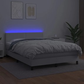 vidaXL Κρεβάτι Boxspring με Στρώμα & LED Λευκό 140x190 εκ. Συνθ. Δέρμα