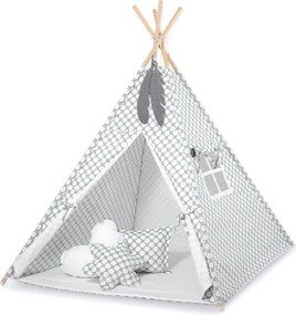 Teepee tent + decorative feathers- grey with white dots
